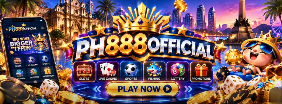 PH888OFFICIAL banner: slots, live casino, sports, fishing, lottery and promotions with Play Now button